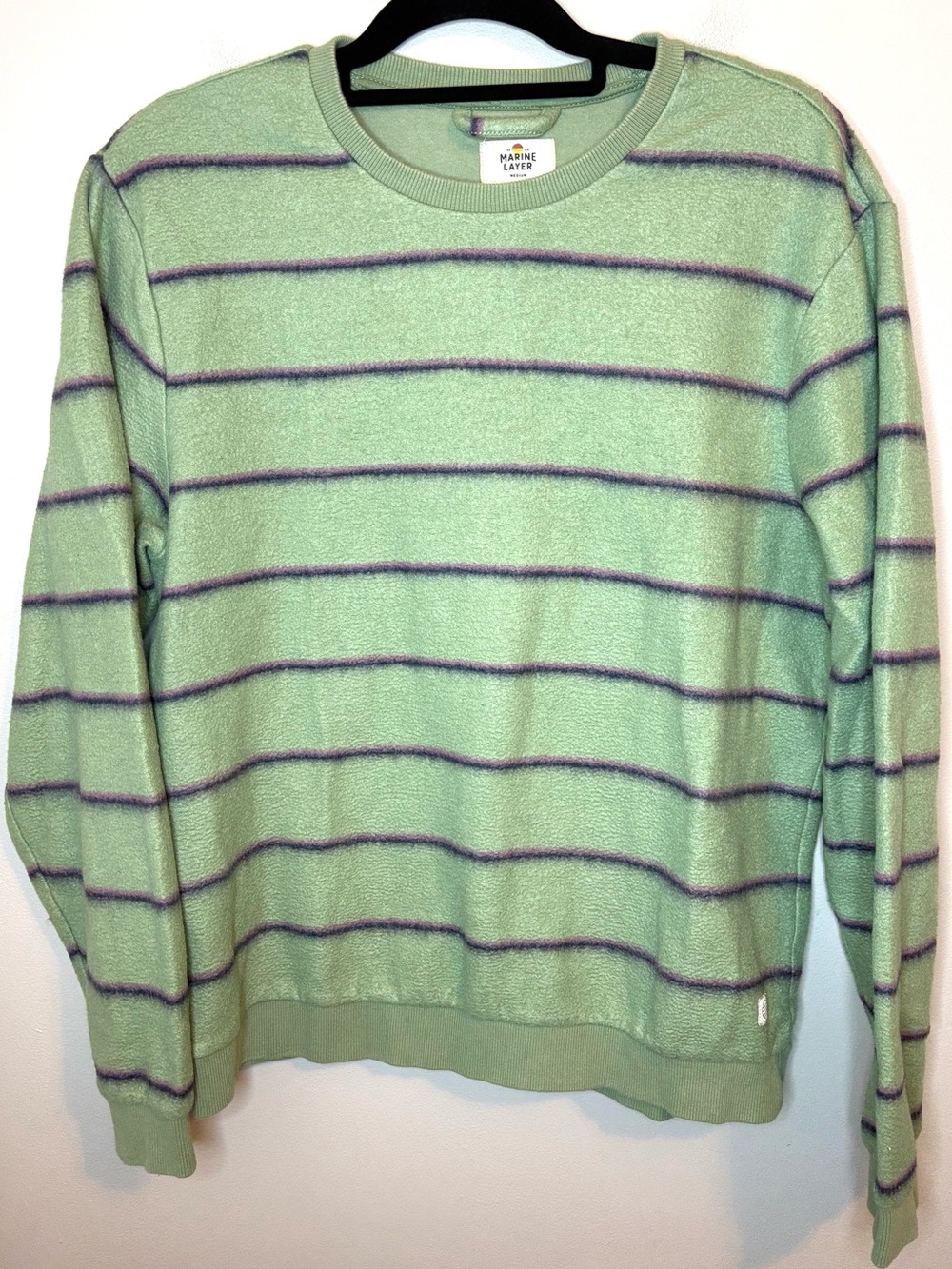 Marine Layer Men’s Hedge Green Stripe Fleece Crew Sweatshirt M 15436